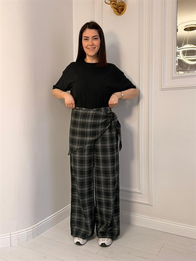 EKOSE DESEN BAĞLAMA DETAYLI PANTOLON SİYAH