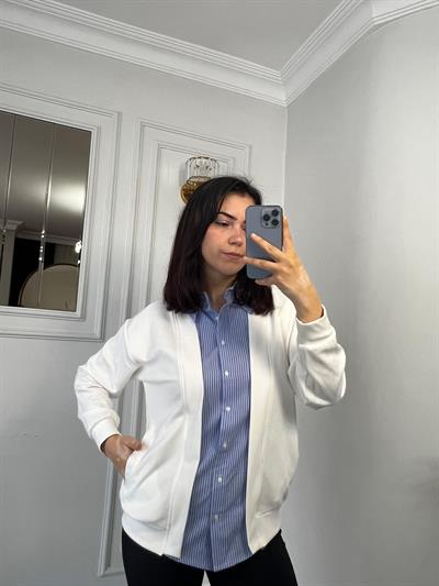 Gömlek Garnili Modal Kumaş Hırka Beyaz