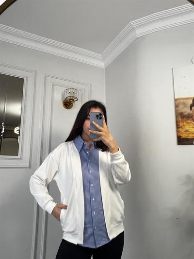 Gömlek Garnili Modal Kumaş Hırka Beyaz