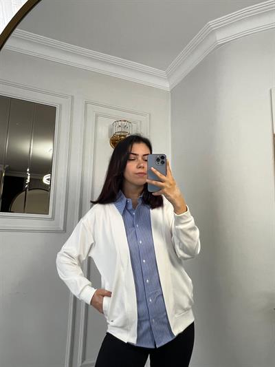 Gömlek Garnili Modal Kumaş Hırka Beyaz