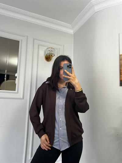 Gömlek Garnili Modal Kumaş Hırka Kahve