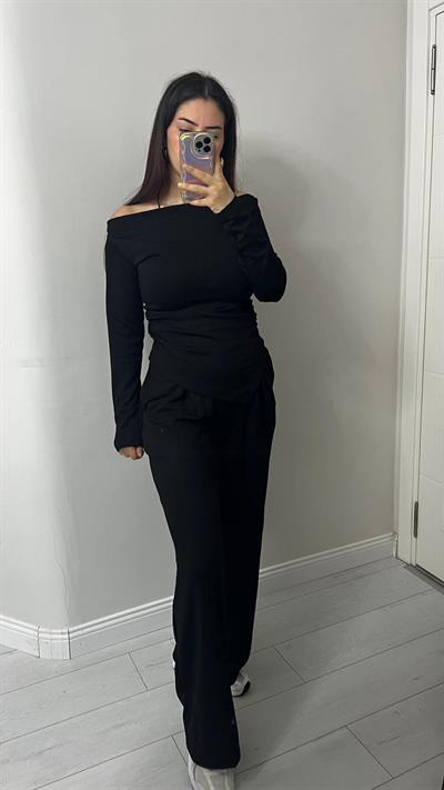 Kadın Drapeli Asimetrik Kesim Bluz Pantolon Modal Takım Siyah