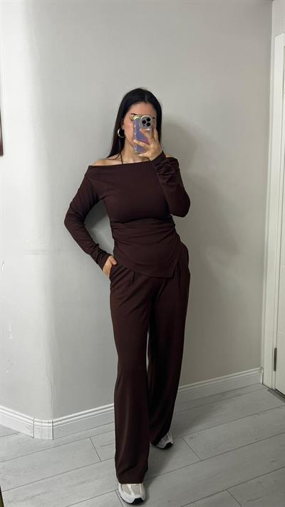 Kadın Drapeli Asimetrik Kesim Bluz Pantolon Modal Takım Kahve