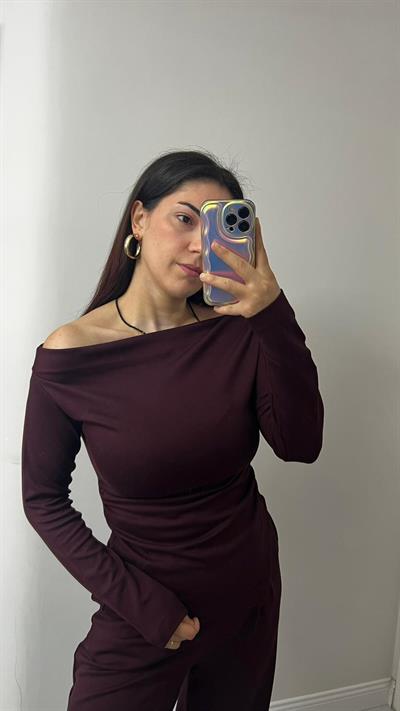 Kadın Drapeli Asimetrik Kesim Bluz Pantolon Modal Takım Bordo