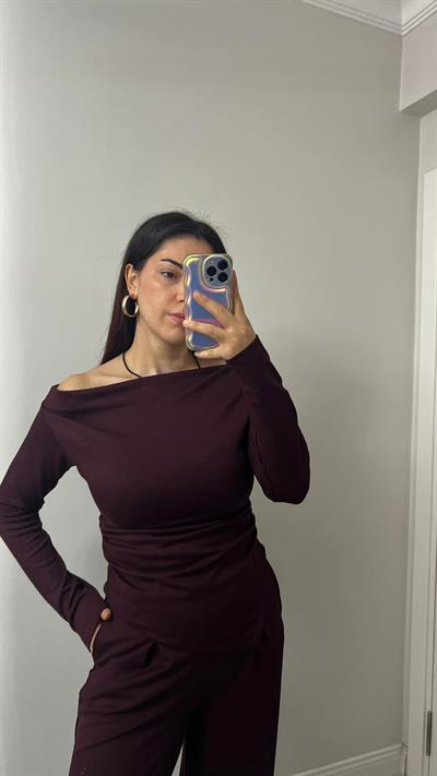 Kadın Drapeli Asimetrik Kesim Bluz Pantolon Modal Takım Bordo