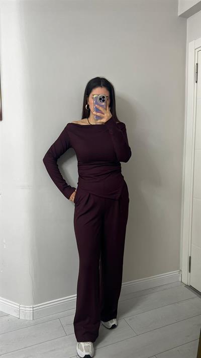 Kadın Drapeli Asimetrik Kesim Bluz Pantolon Modal Takım Bordo