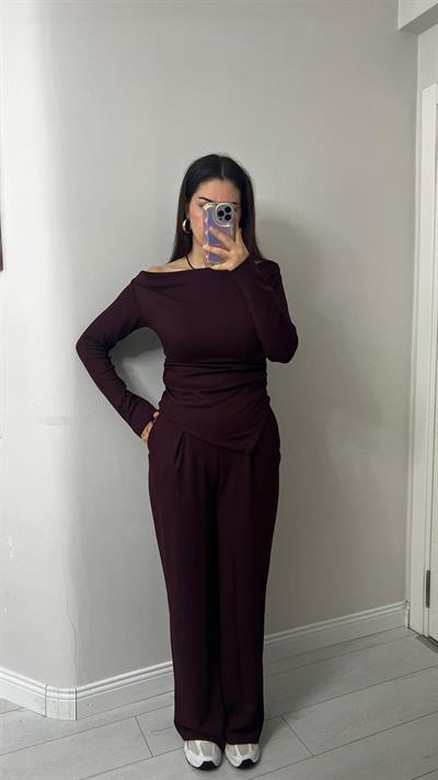 Kadın Drapeli Asimetrik Kesim Bluz Pantolon Modal Takım Bordo