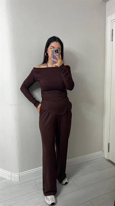 Kadın Drapeli Asimetrik Kesim Bluz Pantolon Modal Takım Kahve