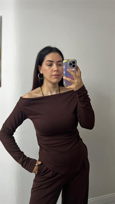 Kadın Drapeli Asimetrik Kesim Bluz Pantolon Modal Takım Kahve