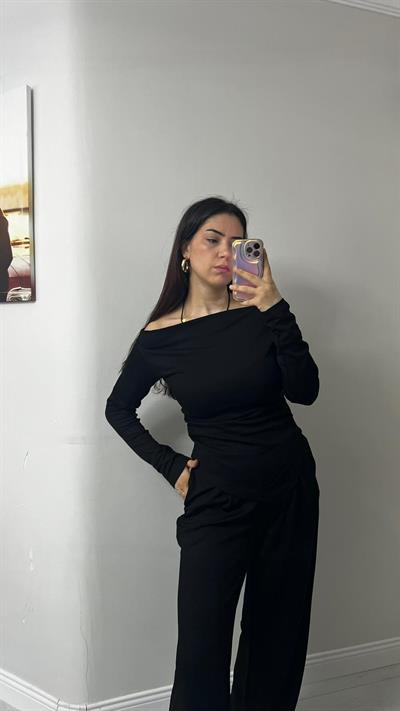 Kadın Drapeli Asimetrik Kesim Bluz Pantolon Modal Takım Siyah