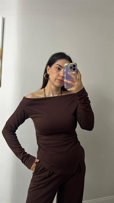 Kadın Drapeli Asimetrik Kesim Bluz Pantolon Modal Takım Kahve