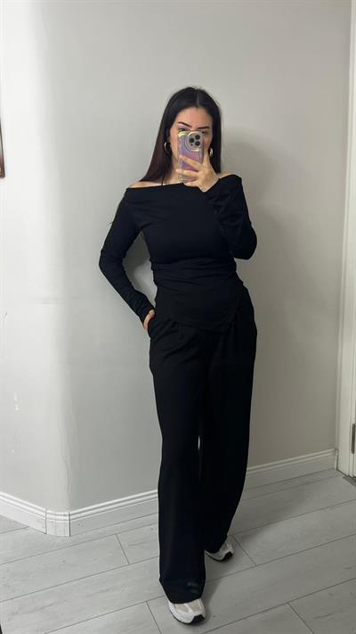 Kadın Drapeli Asimetrik Kesim Bluz Pantolon Modal Takım Siyah