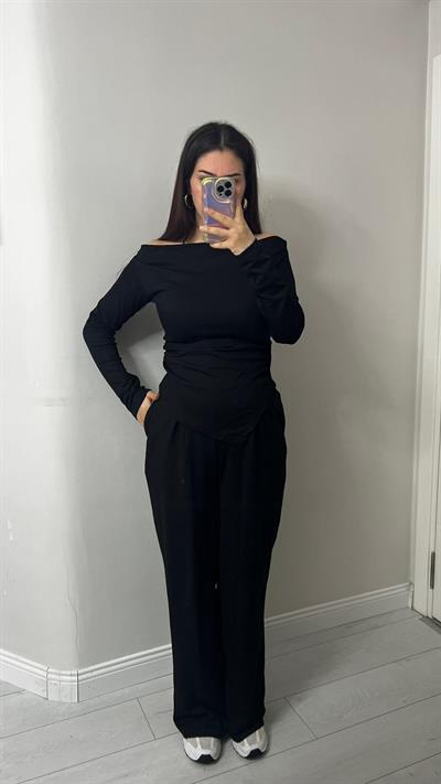 Kadın Drapeli Asimetrik Kesim Bluz Pantolon Modal Takım Siyah