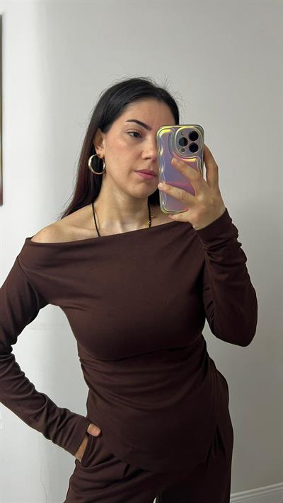 Kadın Drapeli Asimetrik Kesim Bluz Pantolon Modal Takım Kahve