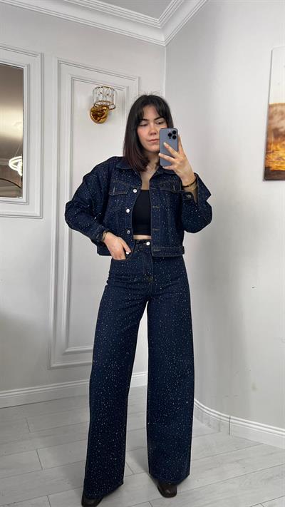 Lacivert Full Taş Baskılı Denim İkili Takım