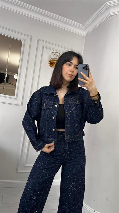 Lacivert Full Taş Baskılı Denim İkili Takım