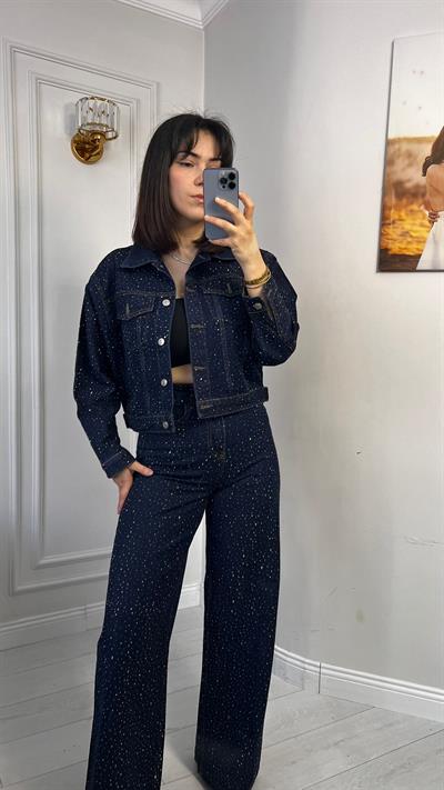 Lacivert Full Taş Baskılı Denim İkili Takım