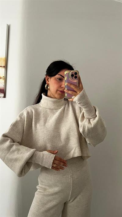 Parmak Geçmeli Alt üst Triko Takım Ekru