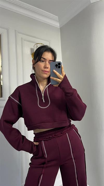 Üçİplik Çizgi Dikiş Detaylı Alt Üst Takım Bordo