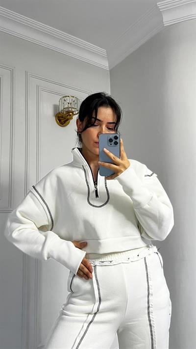 Üçİplik Çizgi Dikiş Detaylı Alt Üst Takım Ekru