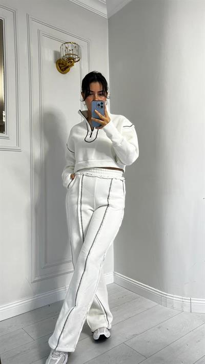 Üçİplik Çizgi Dikiş Detaylı Alt Üst Takım Ekru