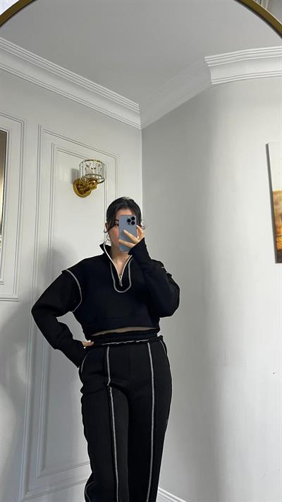 Üçİplik Çizgi Dikiş Detaylı Alt Üst Takım Siyah