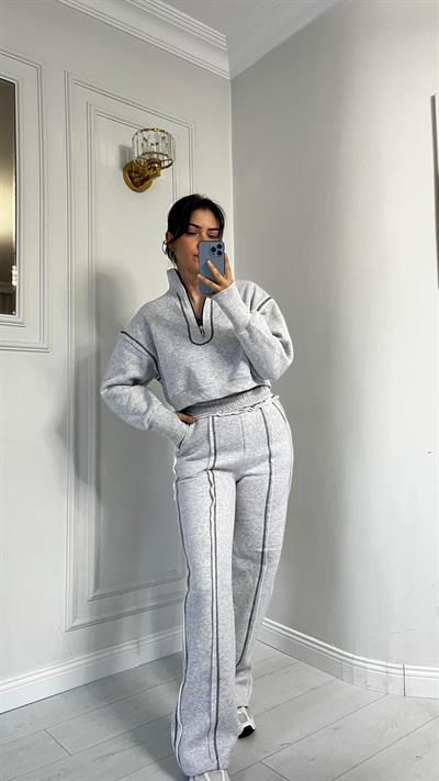 Üçİplik Çizgi Dikiş Detaylı Alt Üst Takım Gri