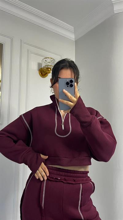 Üçİplik Çizgi Dikiş Detaylı Alt Üst Takım Bordo