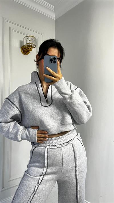 Üçİplik Çizgi Dikiş Detaylı Alt Üst Takım Gri