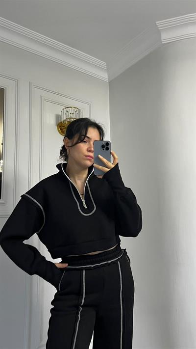 Üçİplik Çizgi Dikiş Detaylı Alt Üst Takım Siyah