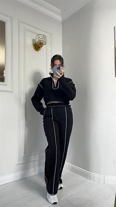 Üçİplik Çizgi Dikiş Detaylı Alt Üst Takım Siyah