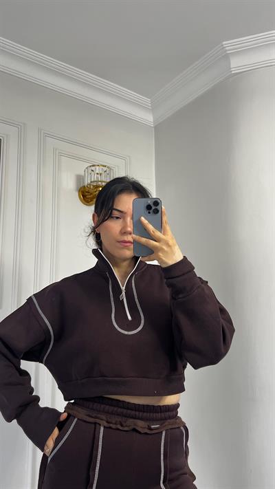 Üçİplik Çizgi Dikiş Detaylı Alt Üst Takım Kahve