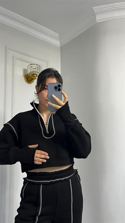 Üçİplik Çizgi Dikiş Detaylı Alt Üst Takım Siyah