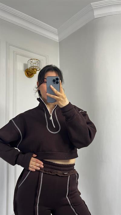 Üçİplik Çizgi Dikiş Detaylı Alt Üst Takım Kahve