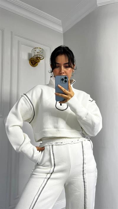 Üçİplik Çizgi Dikiş Detaylı Alt Üst Takım Ekru