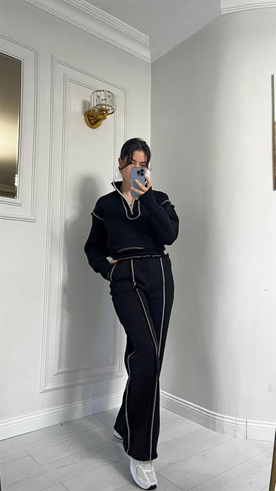 Üçİplik Çizgi Dikiş Detaylı Alt Üst Takım Siyah