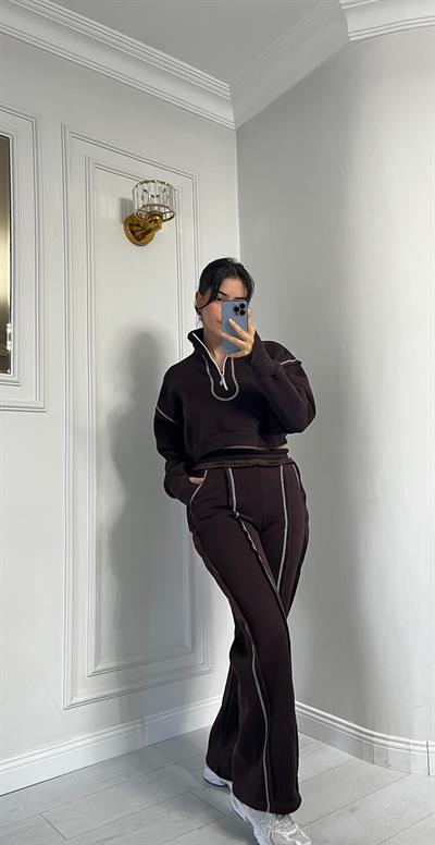 Üçİplik Çizgi Dikiş Detaylı Alt Üst Takım Kahve