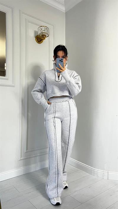 Üçİplik Çizgi Dikiş Detaylı Alt Üst Takım Gri