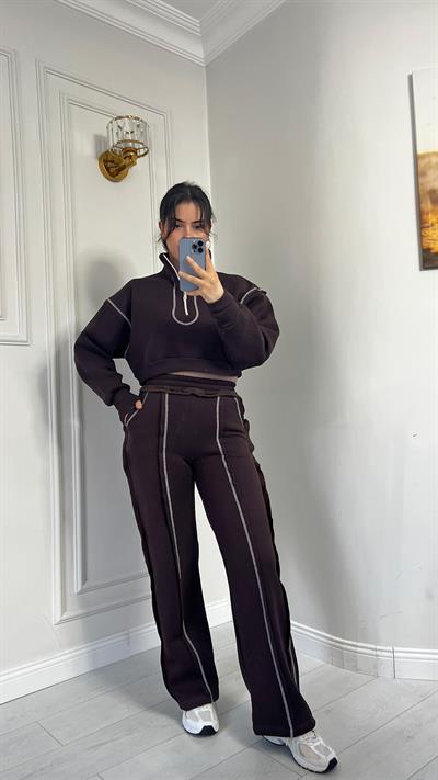 Üçİplik Çizgi Dikiş Detaylı Alt Üst Takım Kahve