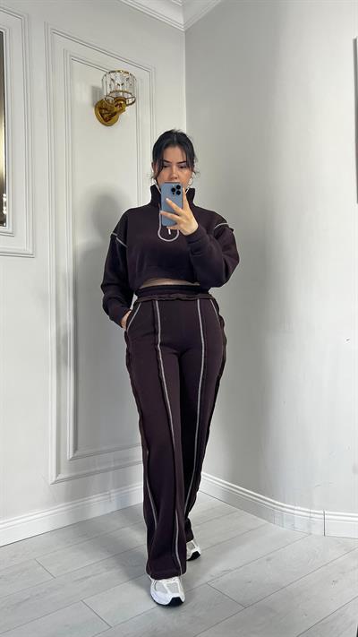 Üçİplik Çizgi Dikiş Detaylı Alt Üst Takım Kahve