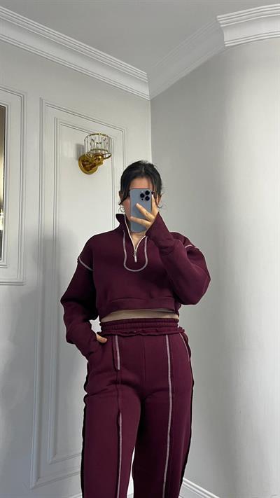 Üçİplik Çizgi Dikiş Detaylı Alt Üst Takım Bordo