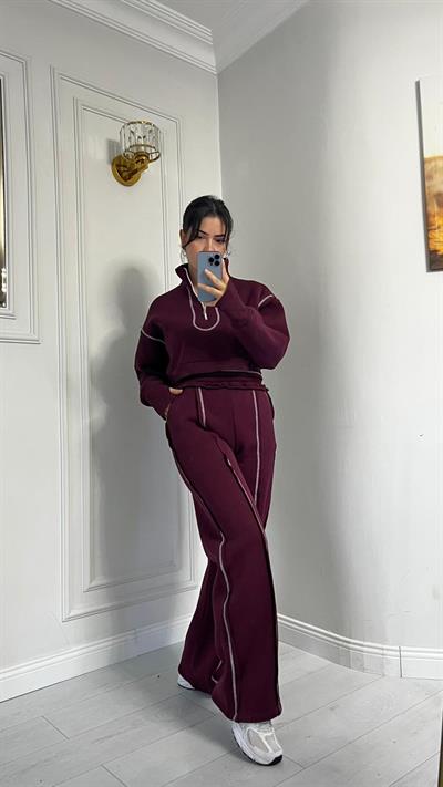 Üçİplik Çizgi Dikiş Detaylı Alt Üst Takım Bordo