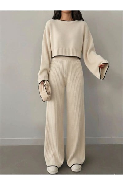 Kontrast Dikiş Detaylı Kadın Triko Takım – Oversize Model