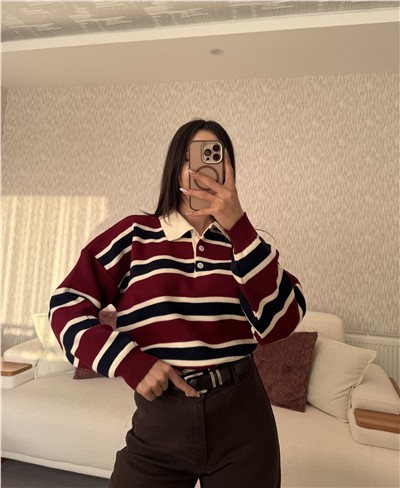 Bordo Çizgili Polo Yaka Kazak Bordo