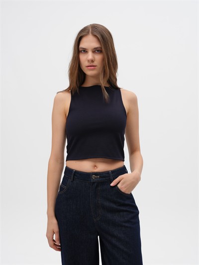 Piarbi Bisiklet Yaka Kolsuz Slim Fit Bluz - Kahve, Lacivert ve Off White Pamuklu Likralı T-shirt