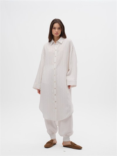 Piarbi Çizgili Uzun Gömlek Tunik - Ekru Camel Stripe Premium Viskon Akışkan Dokulu