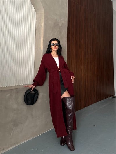 Belden Bağlamalı Tam Boy Hırka Bordo