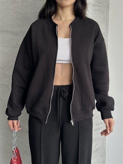 Fermuarlı Kolej Sweaters Siyah