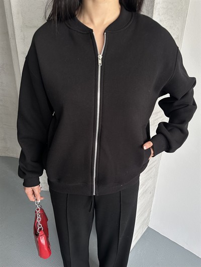Fermuarlı Kolej Sweaters Siyah