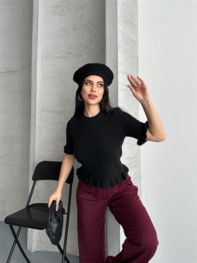 Jazz Kısa Kol Kol Ve Etek Fırfır Detaylı Triko Siyah